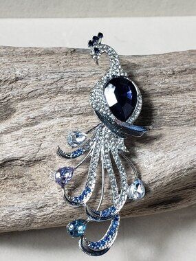New Peacock Brooch Silver Tone Metal with Blue and Clear Rhinestones Long